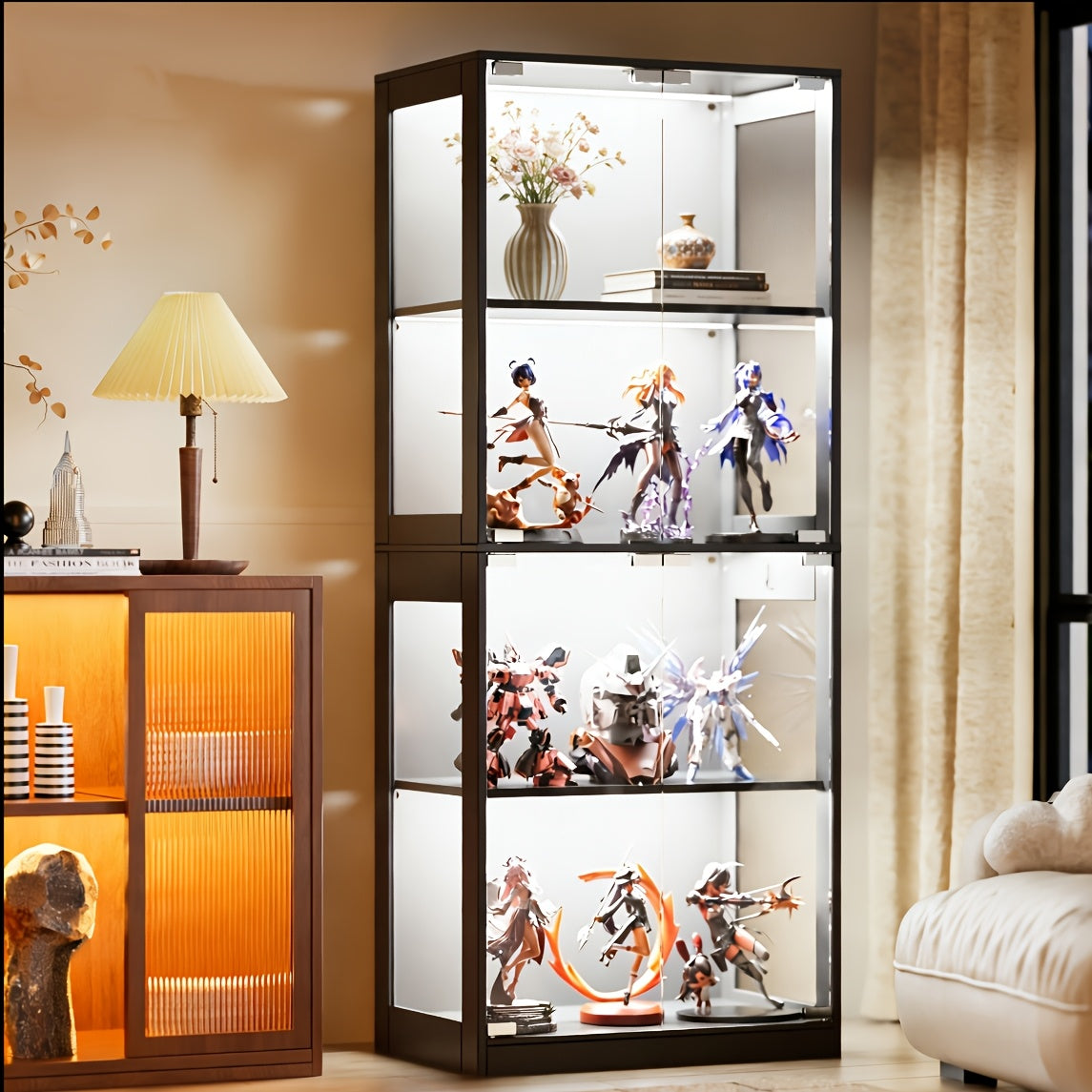 Glasvitrine, Aufbewahrungsschrank, Schwarz, Vierlagige Glasvitrine