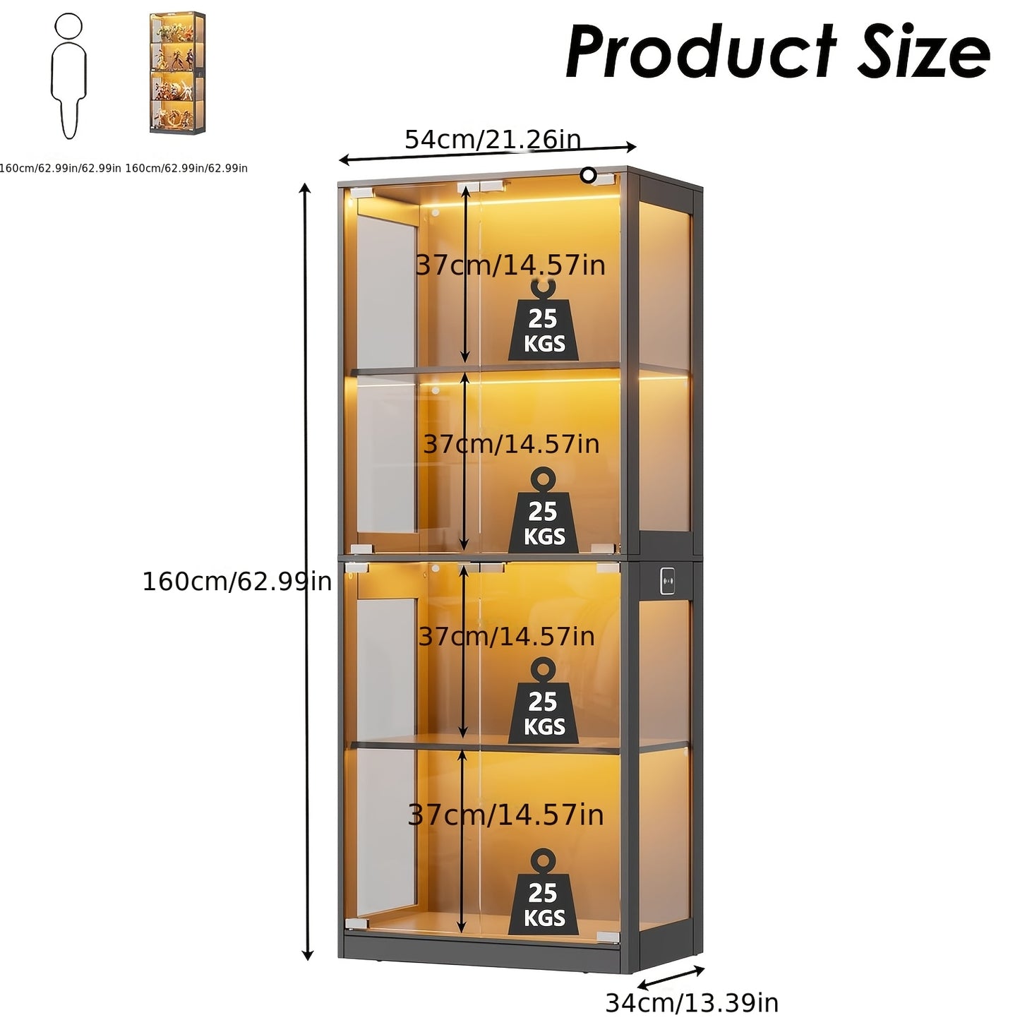 Glasvitrine, Aufbewahrungsschrank, Schwarz, Vierlagige Glasvitrine